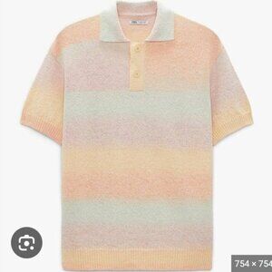 NWT ZARA MEN'S Knitted Pastel Ombre Stripe Short Sleeve Polo Shirt XL